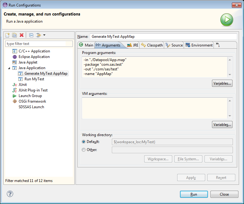 Eclipse Run Configuration Arguments Tab