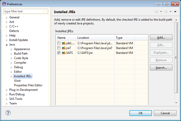 Eclipse SAFS Installed JRE