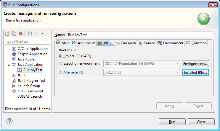 Eclipse Run Configuration JRE Tab