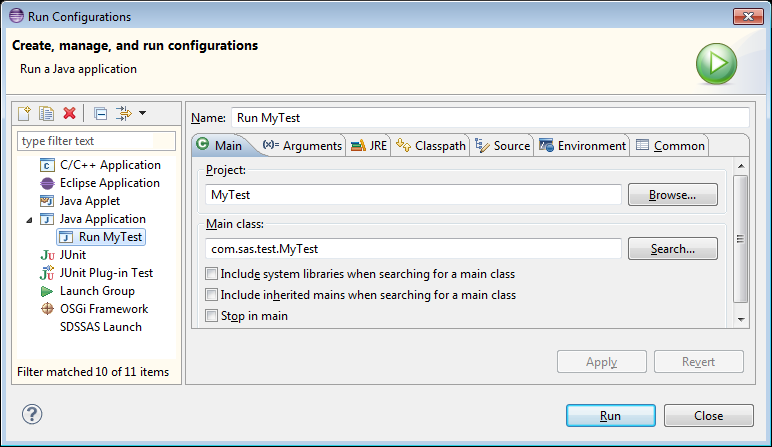 Eclipse Run Configuration Main Tab